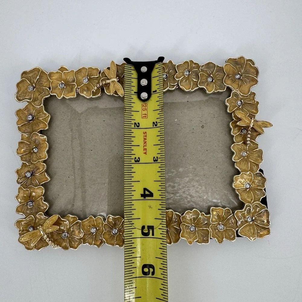 4x6 Gold Floral‎ Frame Enameled Flower Rhinestone Dragonfly Vintage Aesthetic